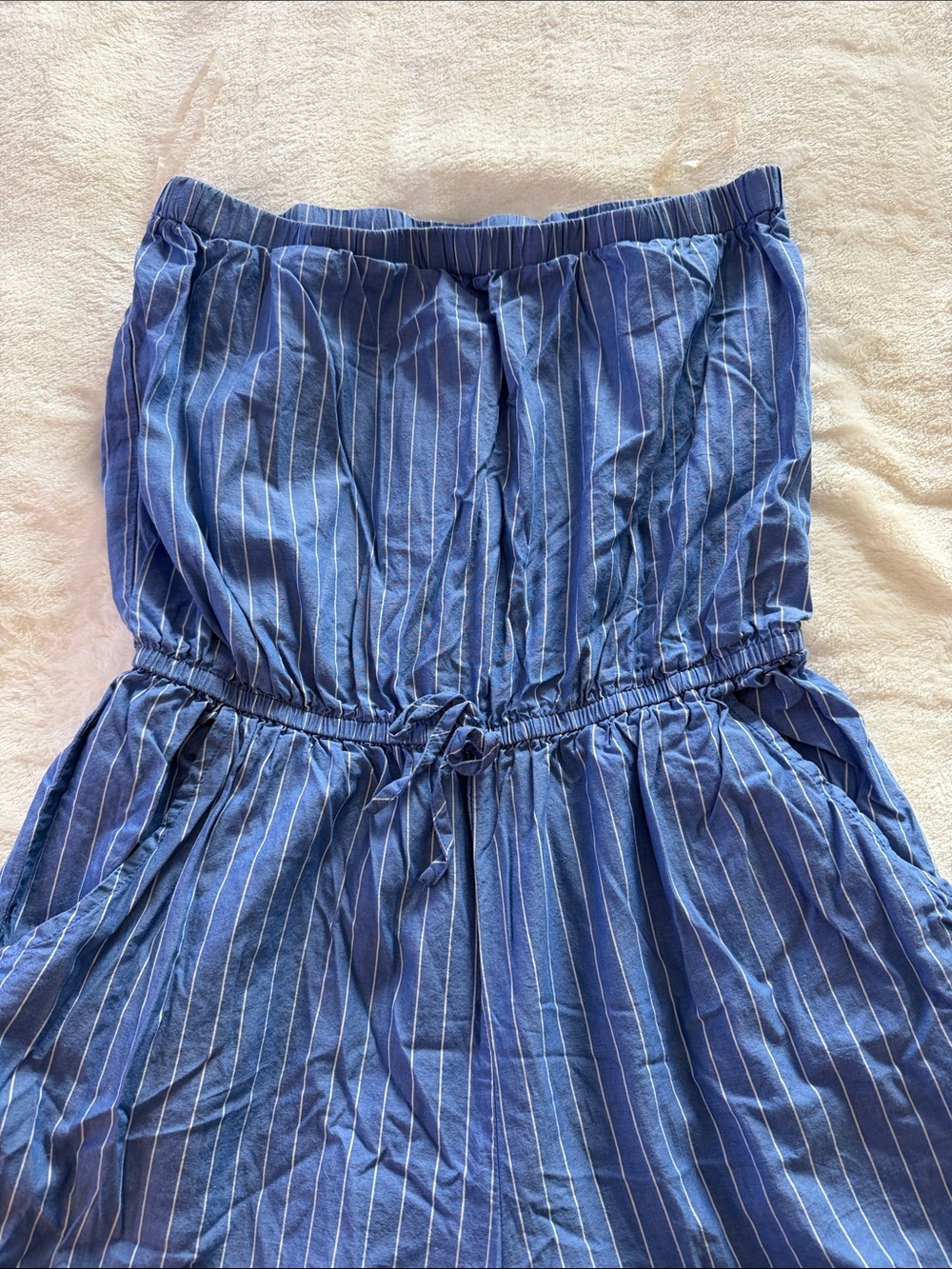 Tacera Blue Pinstripe Strapless Wide-Leg Jumpsuit - Picture 4 of 5